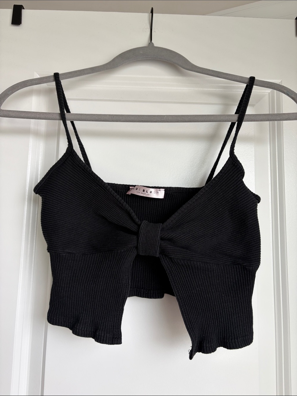 Blue Blush Black Ribbed Bow-Front Crop Camisole